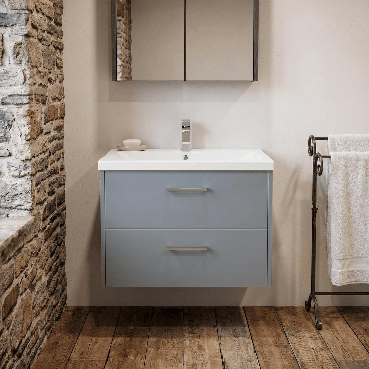 [BFPF2326A] Winshill Contemporary 2 Drawer Wall Hung Vanity Unit with Mid-Edge Basin - Choice of Size and Colour - Silo