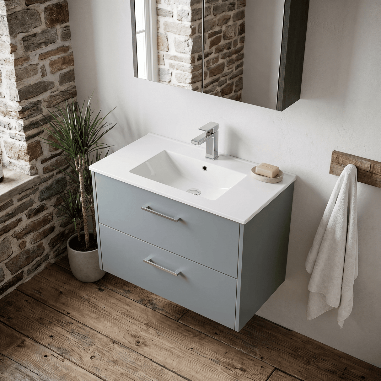 [BFPF2326B] Winshill Contemporary 2 Drawer Wall Hung Vanity Unit with Minimalist Basin, Choice of Size and Colour