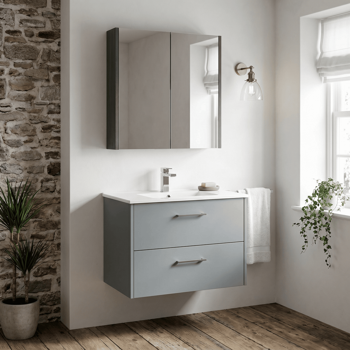 [BFPF2326B] Winshill Contemporary 2 Drawer Wall Hung Vanity Unit with Minimalist Basin, Choice of Size and Colour