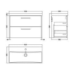 [BFPF2326D] Winshill Contemporary 2 Drawer Wall Hung Vanity Unit with Thin Edge Basin - Choice of Size and Colour - Technical Drawing