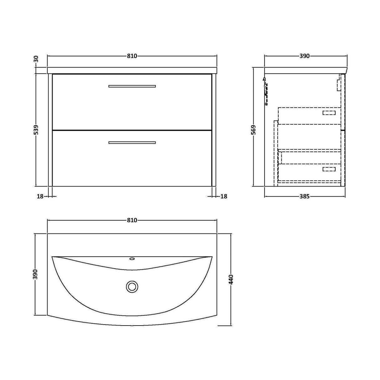 [BFPF2326G] Winshill Contemporary 2 Drawer Wall Hung Vanity Unit with Curved Basin, Choice of Colour - Technical Drawing