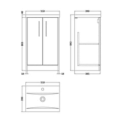 [BFPF2601A] Winshill Contemporary 2 Door Floor Standing Vanity Basin Unit with Mid-Edge Basin, Choice of Size and Colour - Technical Drawing