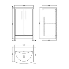 [BFPF2601G] Winshill Contemporary 2 Door Floor Standing Vanity Unit with Curved Basin - Choice of Size and Colour - Technical Drawing