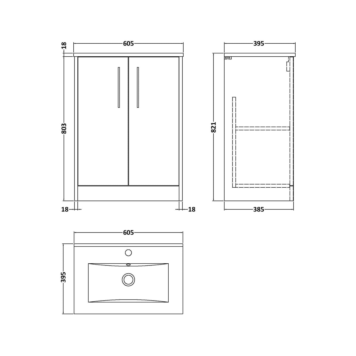 [BFPF2603B] Winshill Contemporary 2 Door Floor Standing Vanity Unit with Minimalist Basin - Choice of Size and Colour - Technical Drawing