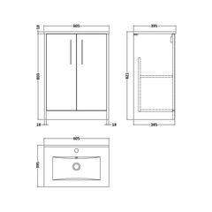 [BFPF2603B] Winshill Contemporary 2 Door Floor Standing Vanity Unit with Minimalist Basin - Choice of Size and Colour - Technical Drawing