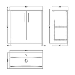 [BFPF2605A] Winshill Contemporary 2 Door Floor Standing Vanity Basin Unit with Mid-Edge Basin, Choice of Size and Colour - Technical Drawing