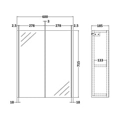 [BFPF2617] Winshill Wall Hung Mirror Cabinet Unit, 600mm, Choice of Colour - Technical Drawing