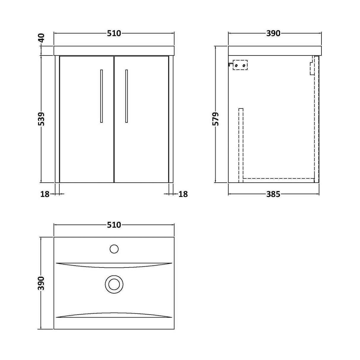[BFPF2621A] Winshill Contemporary 2 Door Wall Hung Vanity Unit with Mid-Edge Basin - Choice of Size and Colour - Technical Drawing