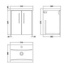 [BFPF2621A] Winshill Contemporary 2 Door Wall Hung Vanity Unit with Mid-Edge Basin - Choice of Size and Colour - Technical Drawing