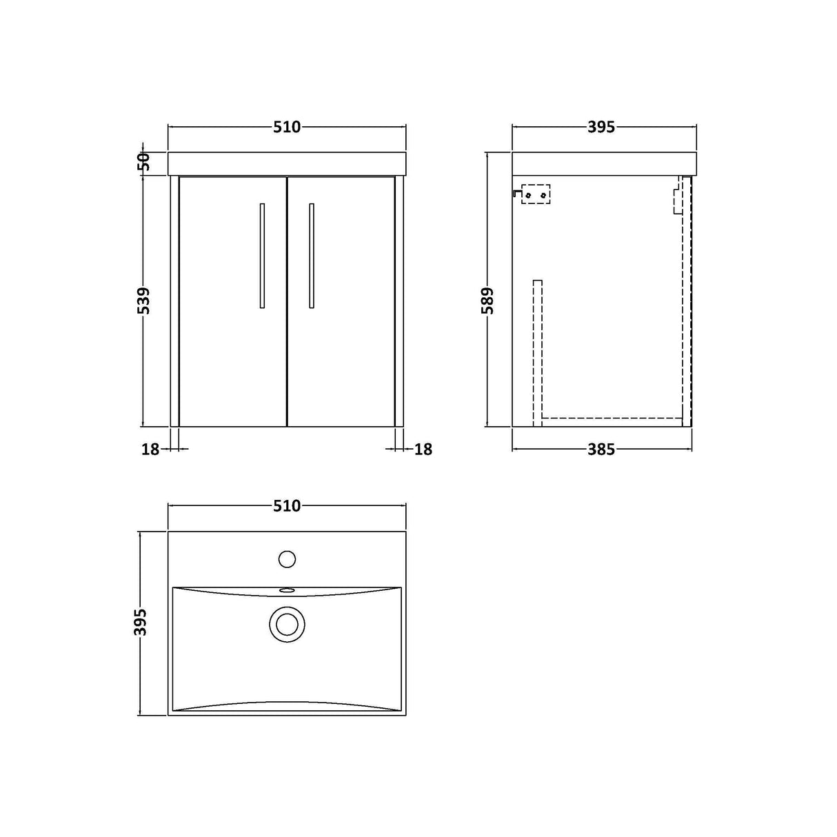 [BFPF2621D] Winshill Contemporary 2 Door Wall Hung Vanity Unit with Thin Edge Basin - Choice of Size and Colour - Technical Drawing