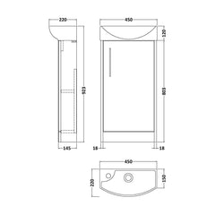 [BFPF2621R] Winshill Contemporary 1 Door Floor Standing Cloakroom Vanity Unit with Basin - Choice of Orientation and Colour - Technical Drawing