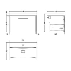[BFPF2622A] Winshill Contemporary 1 Drawer Wall Hung Vanity Unit with Mid-Edge Basin - Choice of Size and Colour - Technical Drawing