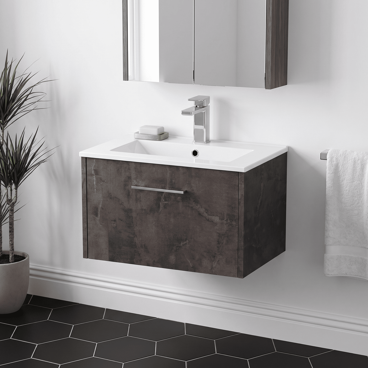 [BFPF2622B] Winshill Wall Hung 1 Drawer Vanity Unit with 1 Tap Hole Minimalist Basin, Choice of Size and Colour