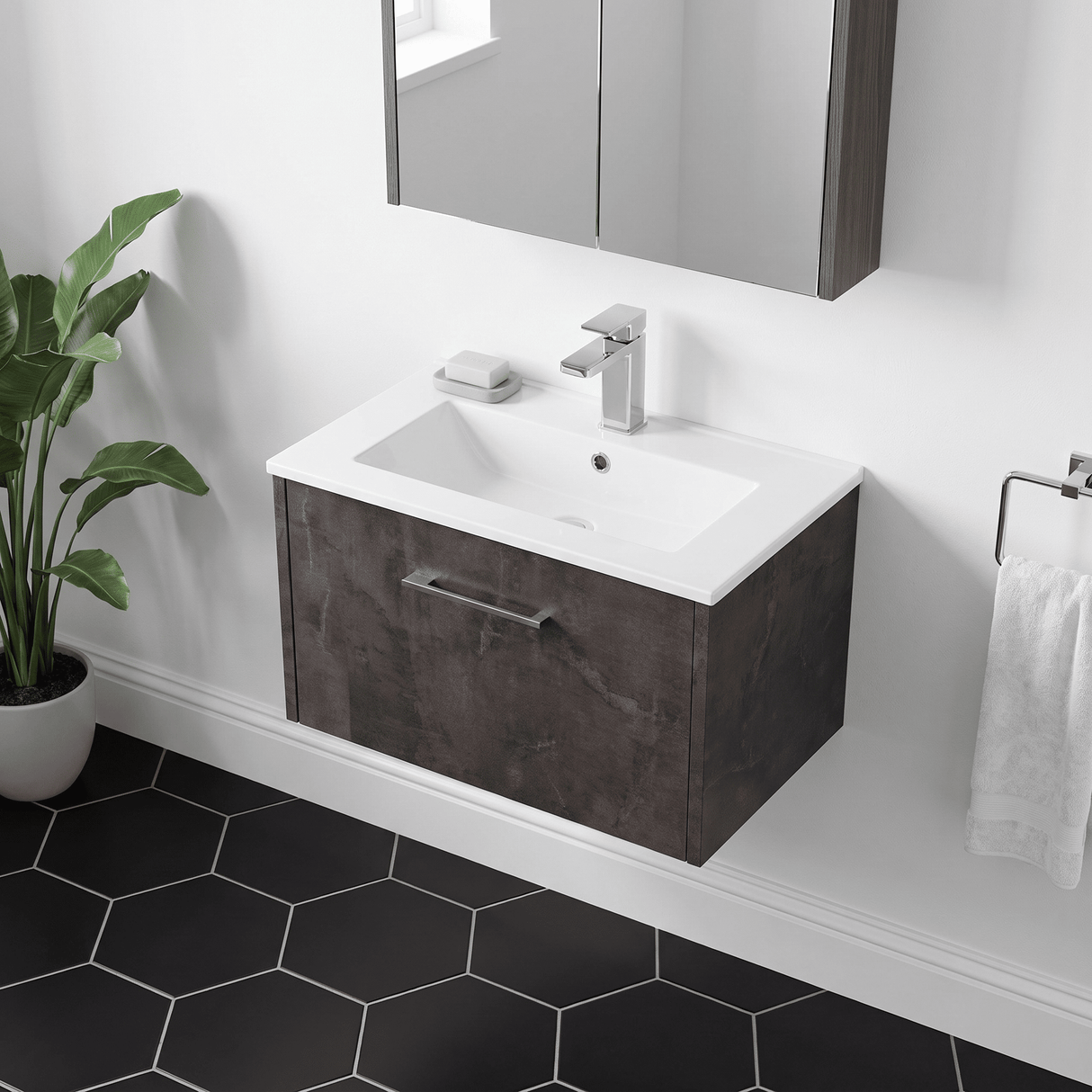[BFPF2622B] Winshill Wall Hung 1 Drawer Vanity Unit with 1 Tap Hole Minimalist Basin, Choice of Size and Colour