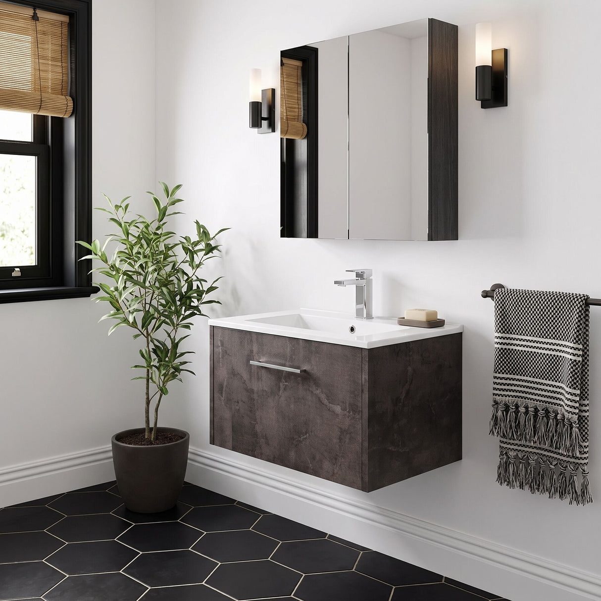[BFPF2622B] Winshill Wall Hung 1 Drawer Vanity Unit with 1 Tap Hole Minimalist Basin, Choice of Size and Colour