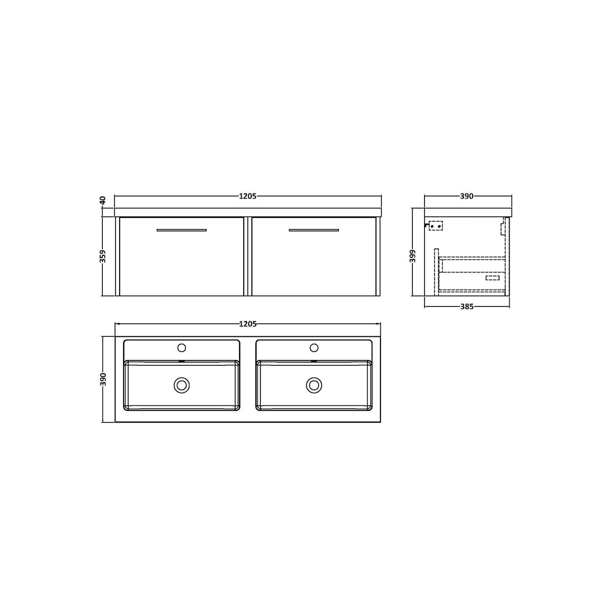 [BFPF2622C] Winshill Contemporary 2 Drawer 1200mm Wall Hung Vanity Unit with Thin Edge Basin - Choice of Colour - Technical Drawing