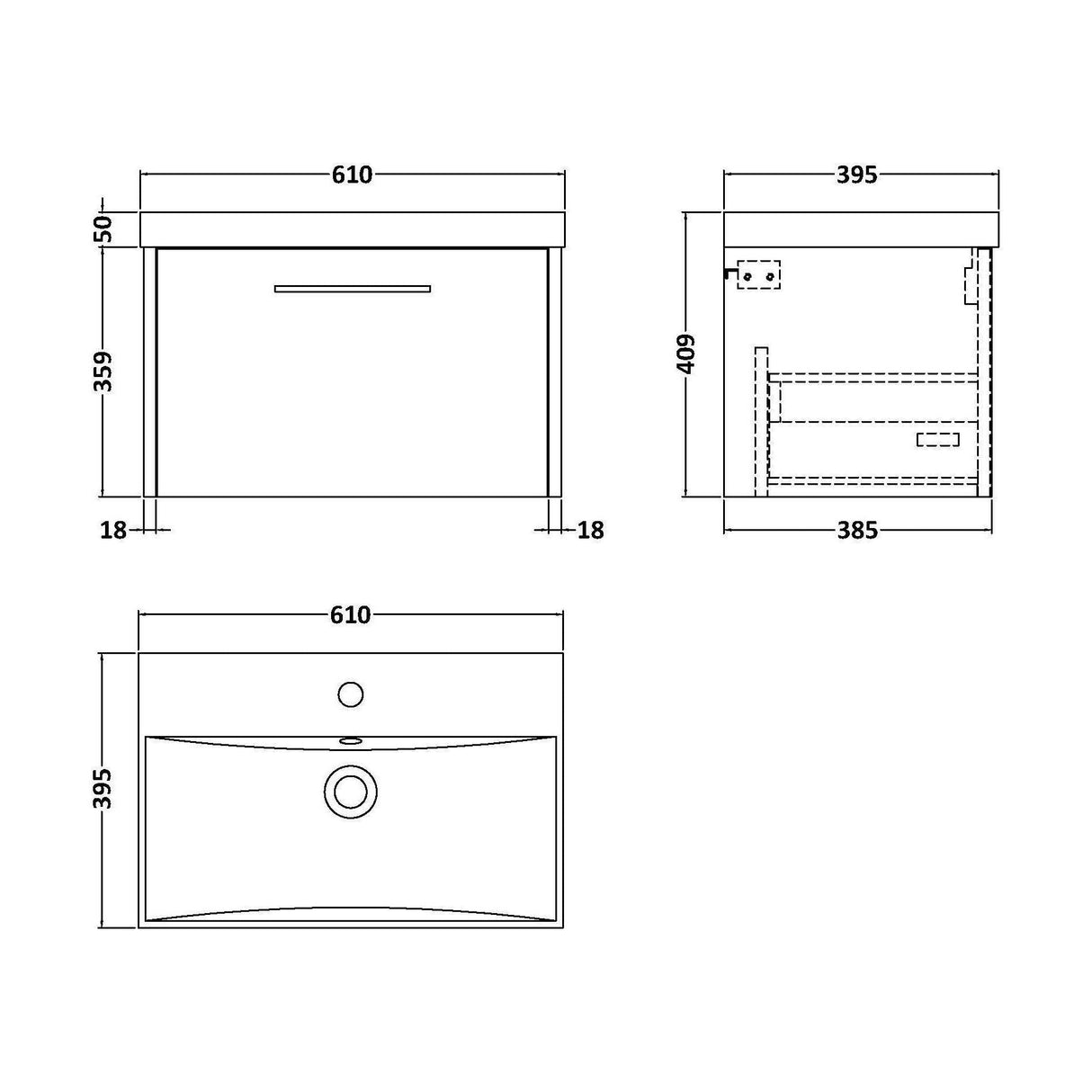 [BFPF2622D] Winshill Contemporary 1 Drawer Wall Hung Vanity Unit with Thin Edge Basin - Choice of Size and Colour - Technical Drawing