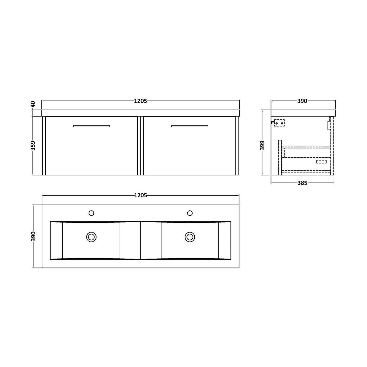 [BFPF2622F] Winshill Contemporary 2 Drawer Wall Hung Vanity Unit with Double Ceramic Basin, 1200mm, Choice of Colour - Technical Drawing