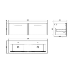 [BFPF2622F] Winshill Contemporary 2 Drawer Wall Hung Vanity Unit with Double Ceramic Basin, 1200mm, Choice of Colour - Technical Drawing