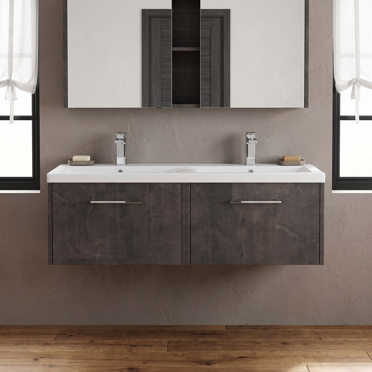 [BFPF2622F] Winshill Contemporary 2 Drawer Wall Hung Vanity Unit with Double Ceramic Basin, 1200mm, Choice of Colour - Silo