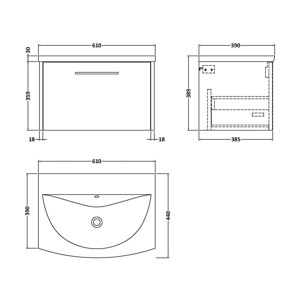 [BFPF2622G] Winshill Contemporary 1 Drawer Wall Hung Vanity Unit with Curved Basin, Choice of Size and Colour - Technical Drawing