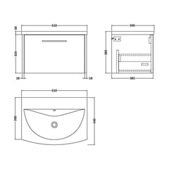 [BFPF2622G] Winshill Contemporary 1 Drawer Wall Hung Vanity Unit with Curved Basin, Choice of Size and Colour - Technical Drawing