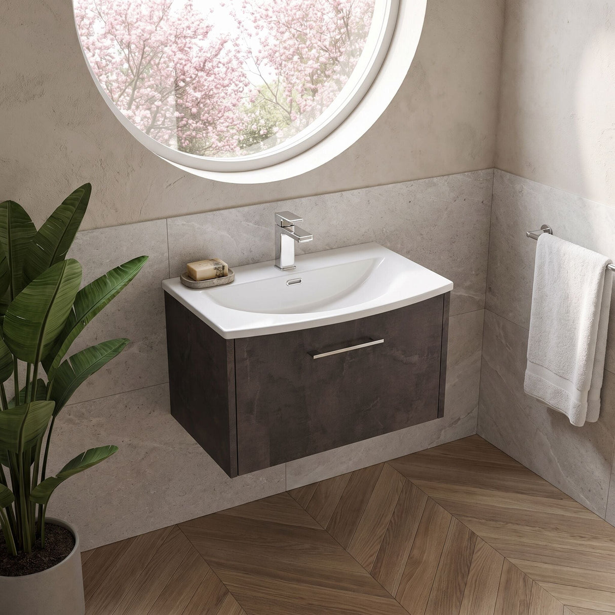 [BFPF2622G] Winshill Contemporary 1 Drawer Wall Hung Vanity Unit with Curved Basin, Choice of Size and Colour