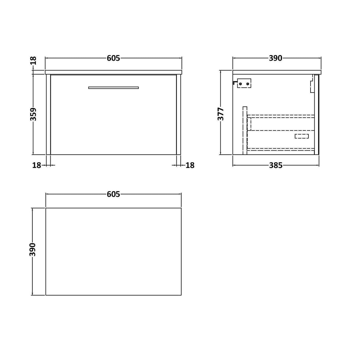 [BFPF2622W] Winshill Contemporary 1 Drawer Wall Hung Vanity Unit with Worktop - Choice of Size and Colour - Technical Drawing
