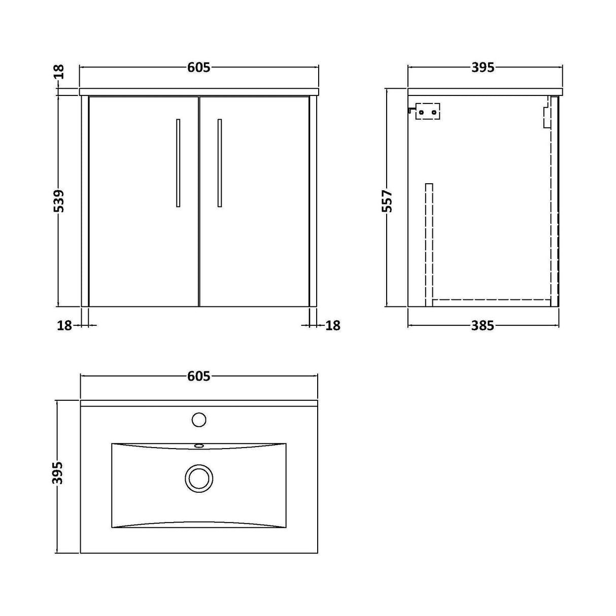 [BFPF2623B] Winshill Contemporary 2 Door Wall Hung Vanity Unit with Minimalist Basin - Choice of Size and Colour - Technical Drawing