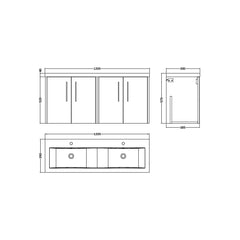 [BFPF2623F] Winshill Contemporary Wall Hung 4 Door Vanity Basin Unit with Ceramic Basin, 1200mm, Choice of Colour - Technical Drawing