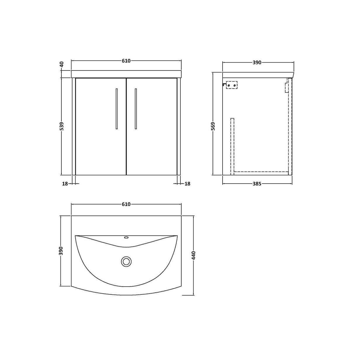 [BFPF2623G] Winshill Contemporary 2 Door Wall Hung Vanity Unit with Curved Basin - Choice of Size and Colour - Technical Drawing