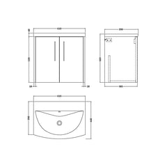 [BFPF2623G] Winshill Contemporary 2 Door Wall Hung Vanity Unit with Curved Basin - Choice of Size and Colour - Technical Drawing