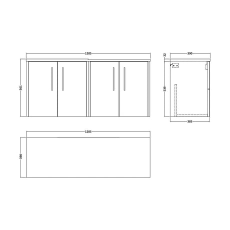 [BFPF2623LCM2] Winshill Contemporary 2 Door Wall Hung Vanity Unit with Laminate Worktop, 1205mm - Technical Drawing