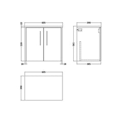 [BFPF2623LCM] Winshill Contemporary 2 Door Wall Hung Vanity Unit with Carrera Marble Laminate Worktop - Choice of Colour - Technical Drawing