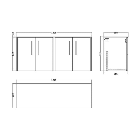 [BFPF2623W2] Winshill Contemporary Wall Hung Vanity Unit with Worktop, 1200mm - Technical Drawing