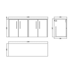 [BFPF2623W2] Winshill Contemporary 1200mm Wall Hung Vanity Unit with Worktop - Choice of Colour - Technical Drawing