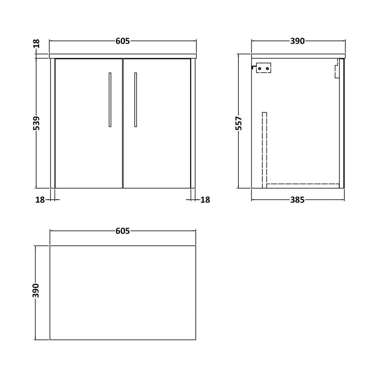 [BFPF2623W] Winshill Contemporary 2 Door Wall Hung Vanity Unit with Worktop - Choice of Colour - Technical Drawing