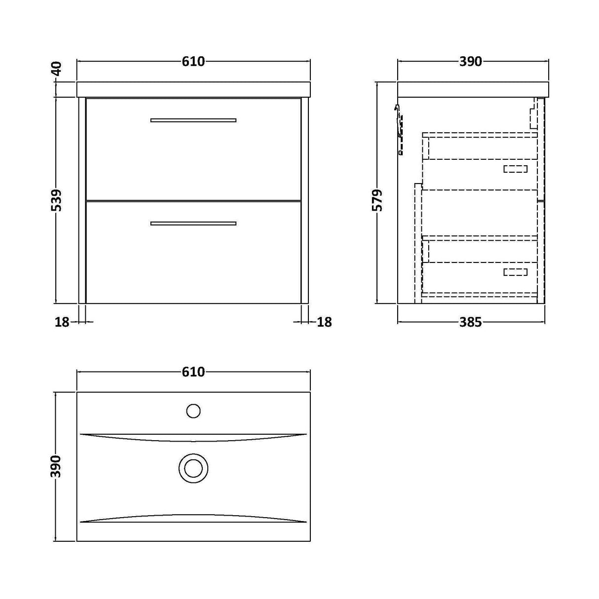 [BFPF2624A] Winshill Contemporary 2 Drawer Wall Hung Vanity Unit with Mid-Edge Basin - Choice of Size and Colour - Technical Drawing