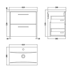 [BFPF2624A] Winshill Contemporary 2 Drawer Wall Hung Vanity Unit with Mid-Edge Basin - Choice of Size and Colour - Technical Drawing