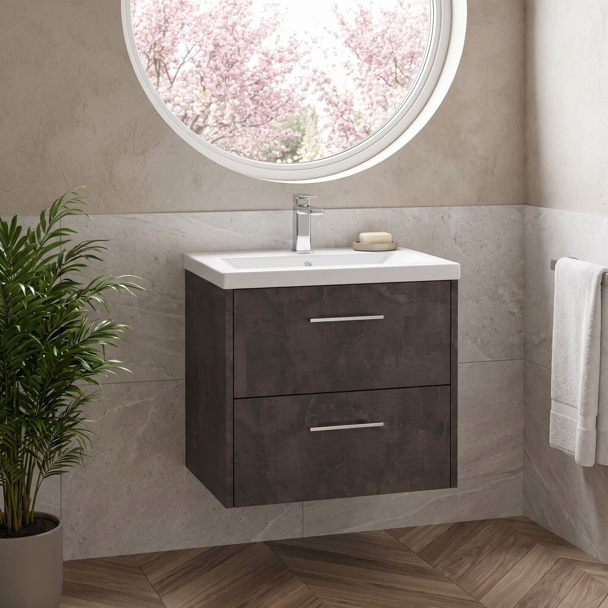 [BFPF2624A] Winshill Contemporary 2 Drawer Wall Hung Vanity Unit with Mid-Edge Basin - Choice of Size and Colour