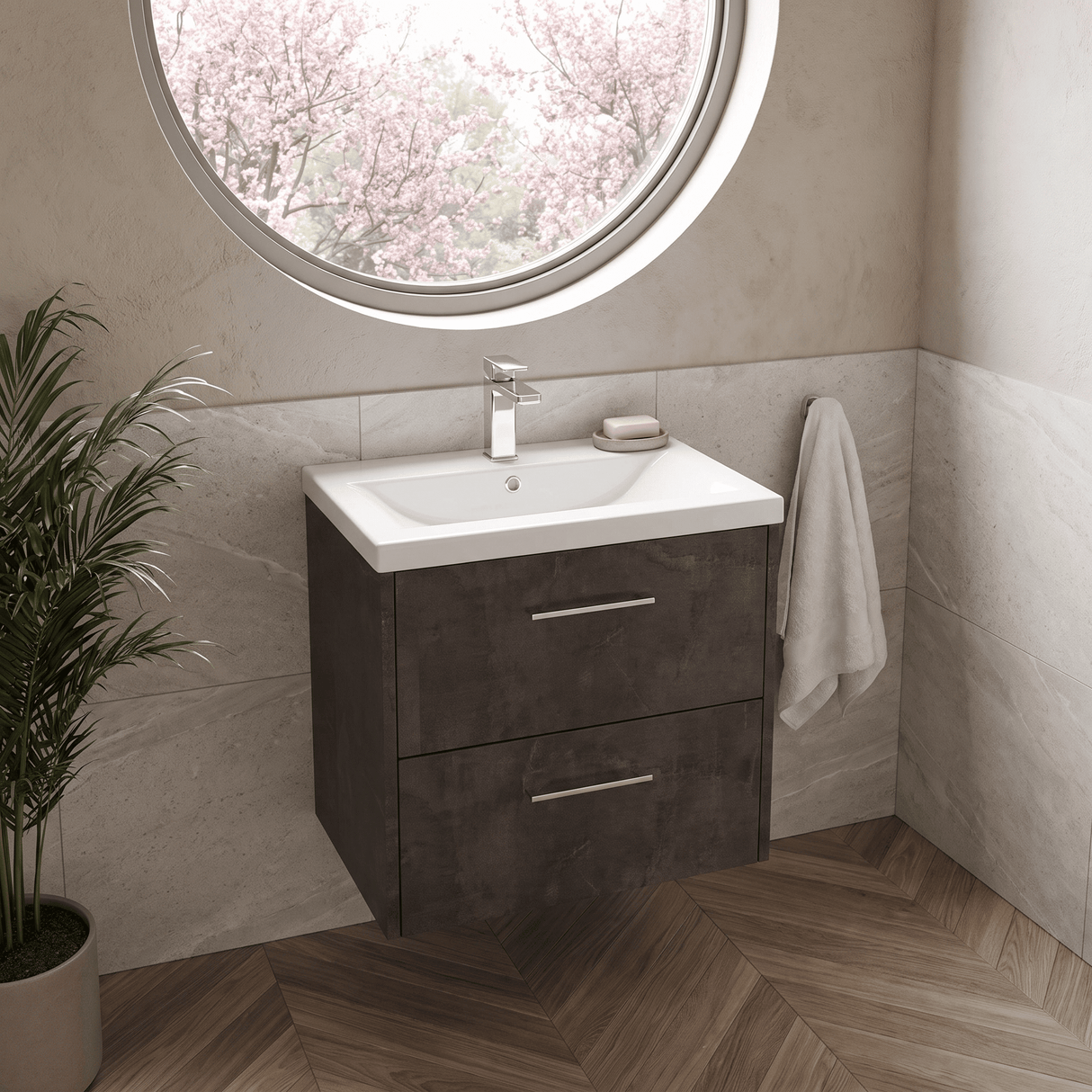 [BFPF2624A] Winshill Contemporary 2 Drawer Wall Hung Vanity Unit with Mid-Edge Basin - Choice of Size and Colour