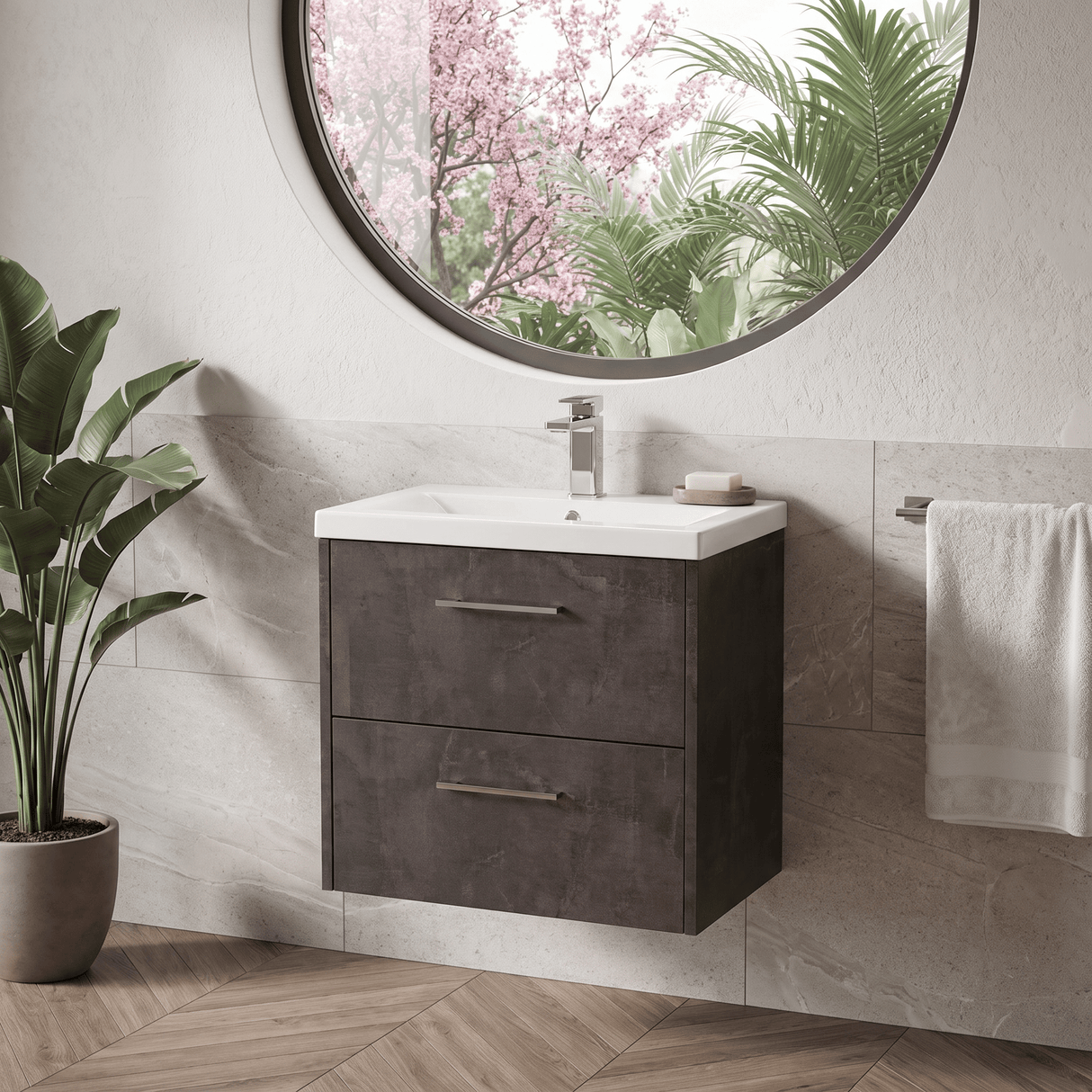[BFPF2624A] Winshill Contemporary 2 Drawer Wall Hung Vanity Unit with Mid-Edge Basin - Choice of Size and Colour