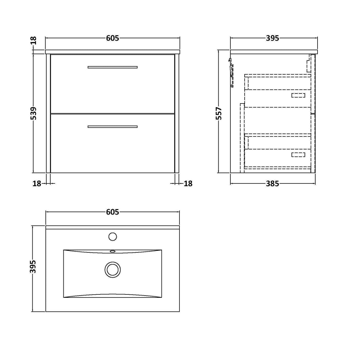 [BFPF2624B] Winshill Contemporary 2 Drawer Wall Hung Vanity Unit with Minimalist Basin, Choice of Size and Colour - Technical Drawing