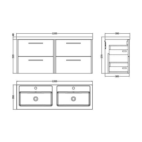[BFPF2624C] Winshill Contemporary 4 Drawer Wall Hung Vanity Unit with Double Basin, Metallic Slate, 1200mm - Technical Drawing