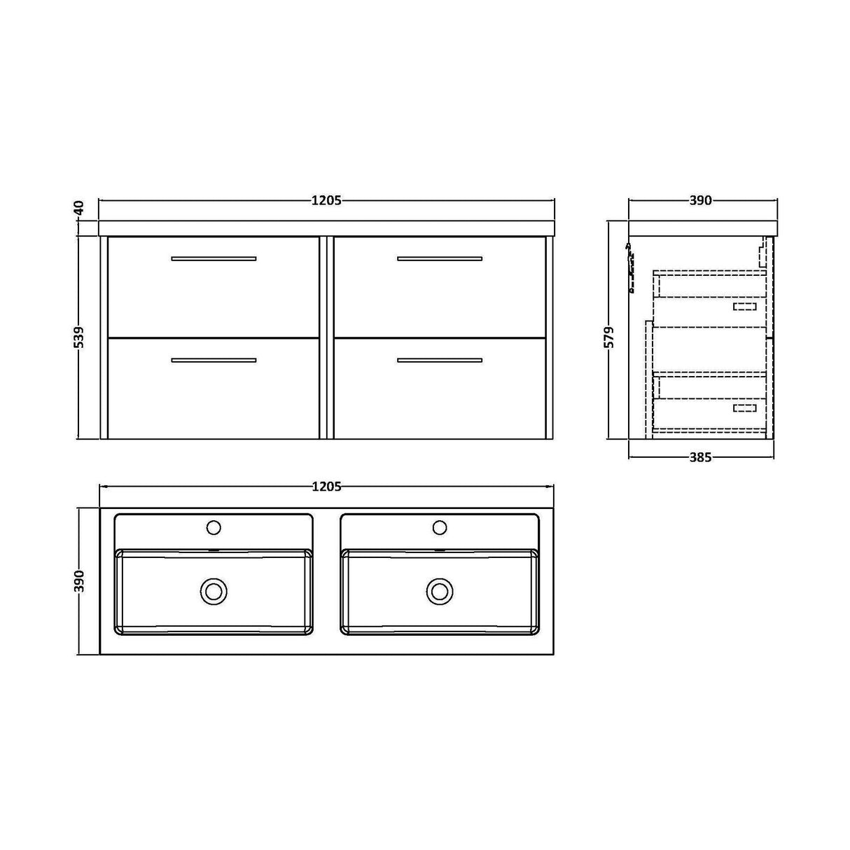 [BFPF2624C] Winshill Contemporary 4 Drawer 1200mm Wall Hung Vanity Unit with Double Basin - Choice of Colour - Technical Drawing