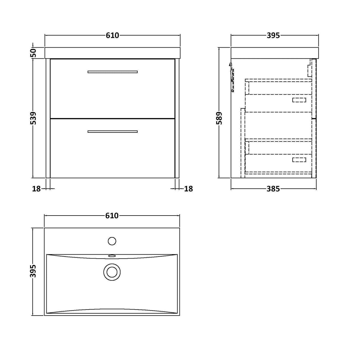 [BFPF2624D] Winshill Contemporary 2 Drawer Wall Hung Vanity Unit with Thin Edge Basin - Choice of Size and Colour - Technical Drawing