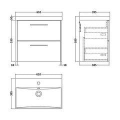 [BFPF2624D] Winshill Contemporary 2 Drawer Wall Hung Vanity Unit with Thin Edge Basin - Choice of Size and Colour - Technical Drawing