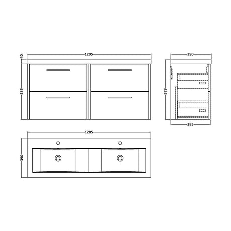 [BFPF2624F] Winshill Contemporary 4 Drawer Wall Hung Vanity Unit with Double Basin, Metallic Slate, 1200mm - Technical Drawing