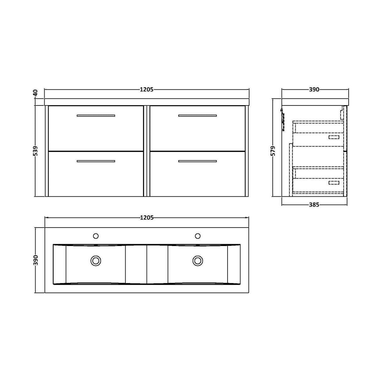 [BFPF2624F] Winshill Contemporary 4 Drawer Wall Hung Vanity Unit with Double Basin, 1200mm, Choice of Colour - Technical Drawing