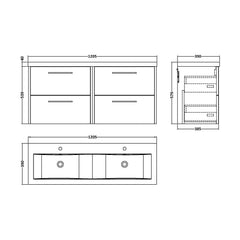 [BFPF2624F] Winshill Contemporary 4 Drawer Wall Hung Vanity Unit with Double Basin, 1200mm, Choice of Colour - Technical Drawing